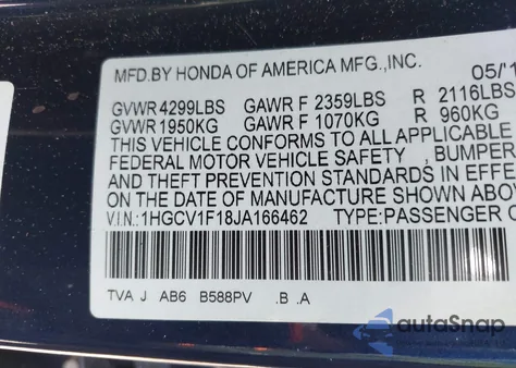 2018 Honda Accord Lx из США, поврежденный, VIN 1HGCV1F18JA166462